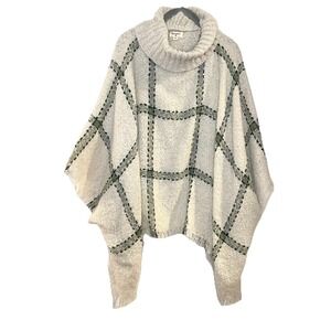World Market Cream Plaid Poncho Cowl Neck Fringe One Size Cozy Cape Shawl